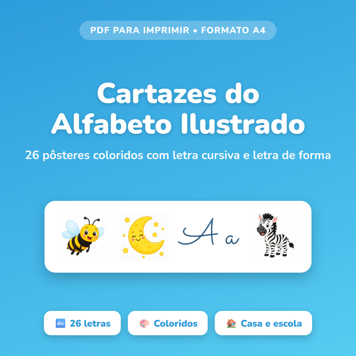 Cartazes do Alfabeto Ilustrado — 26 pôsteres em letra cursiva
